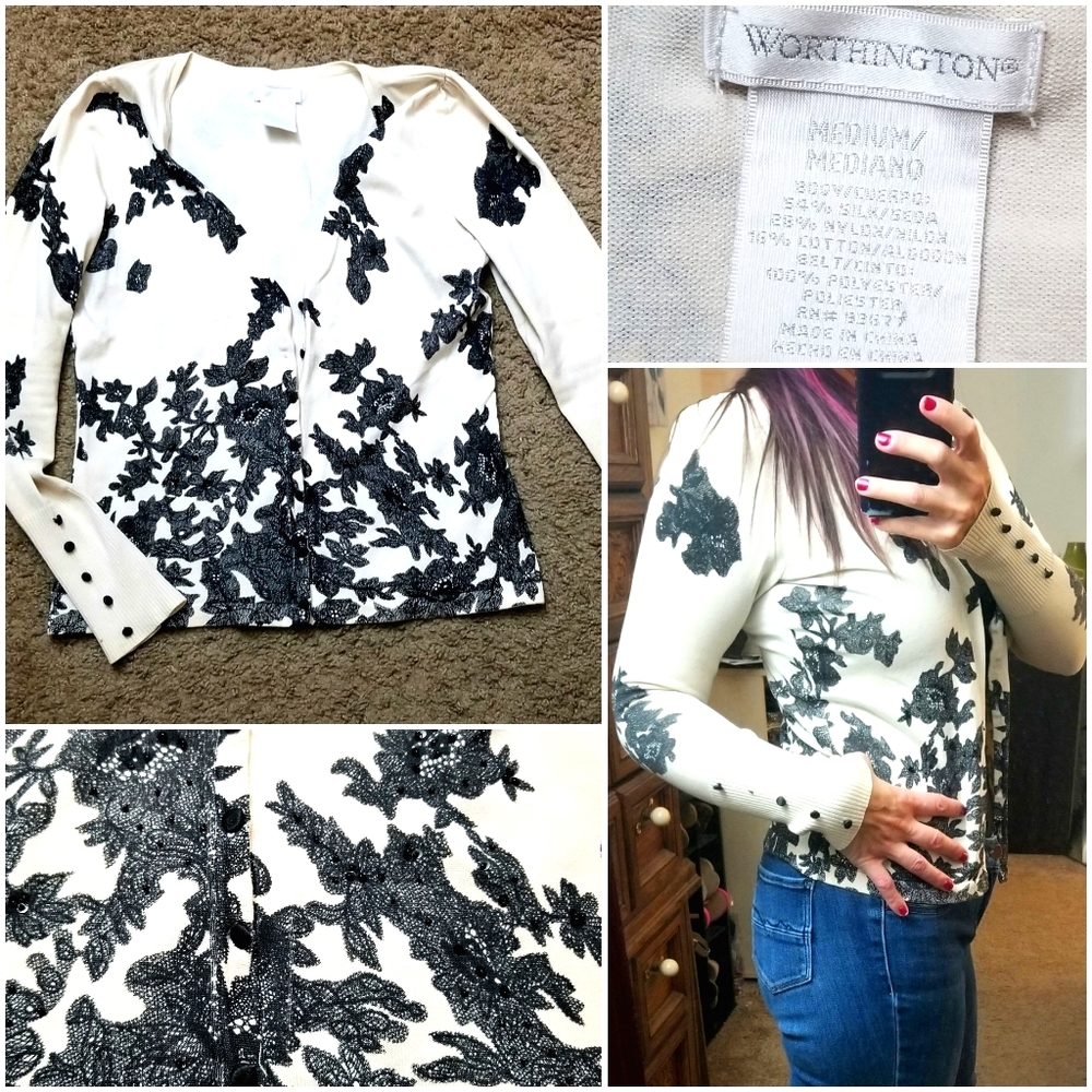 Worthington black & white medium cardigan sweater